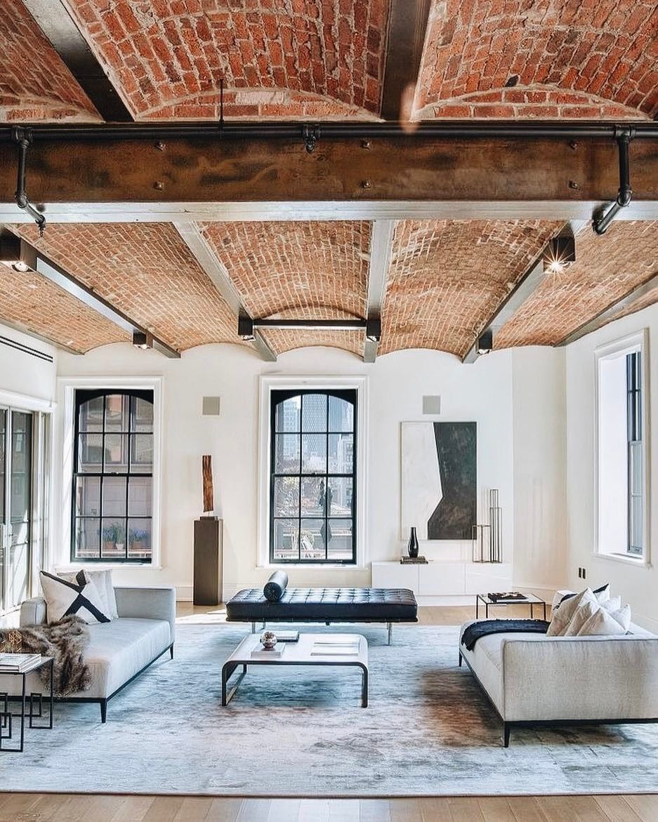 Exposed Metal Ceiling Beams with Brick Ceiling Industrial Living Room Decor