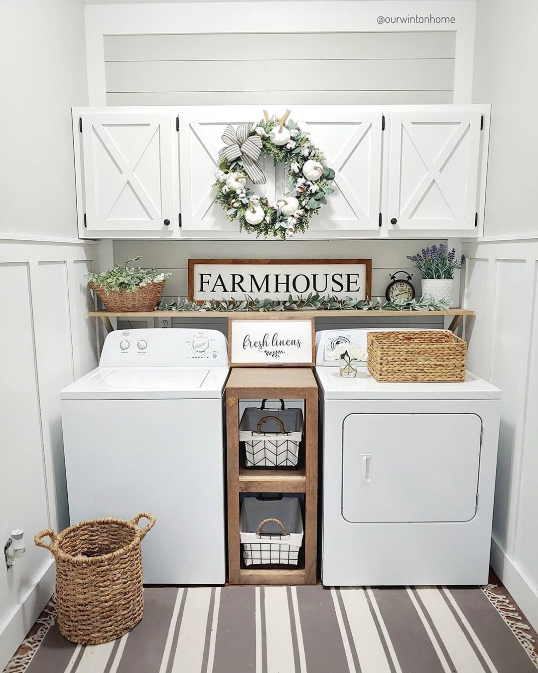 Farmhouse Laundry Room with Striped Cotton Rug and Woven Baskets via @ourwintonhome