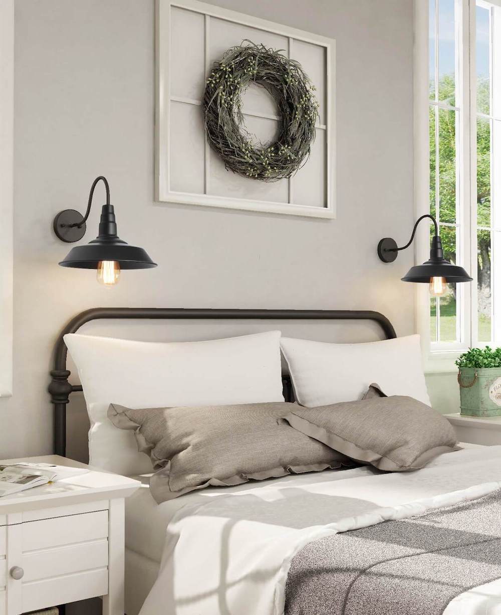 Farmhouse Sconce Lights on the Bedroom Walls