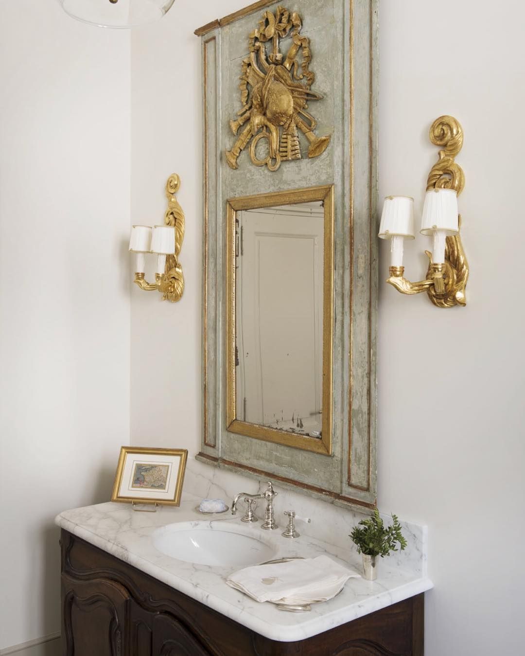 French Country Bathroom With Antique Mirror Via @provencepoiriers 