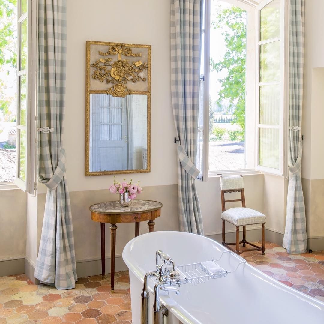 French Country Bathroom with Gingham Curtains via @provencepoiriers