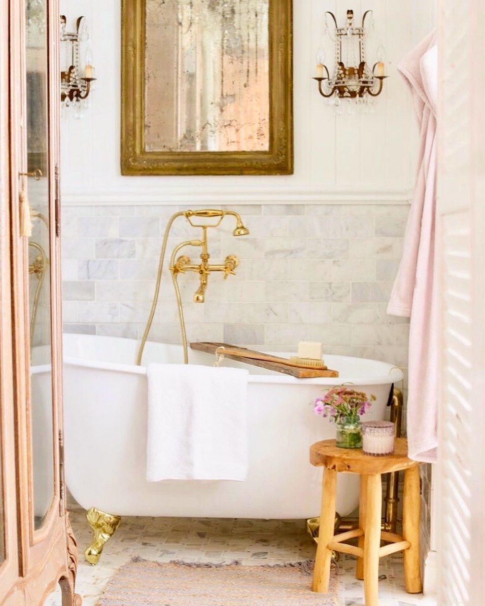 French Country Bathroom with Gold Hardware and Bathtub via @frenchcountrycottage