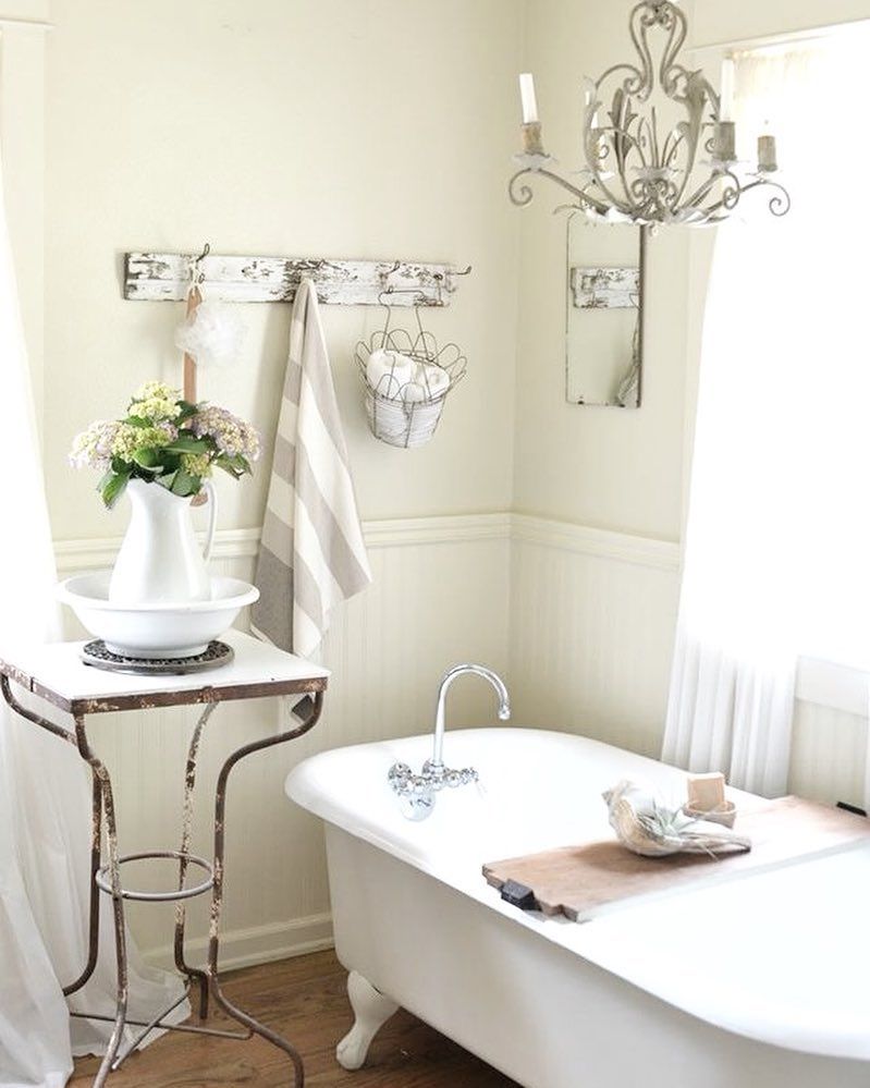 French Country Bathroom with Tub and Wood Plank via @fadedcharmliving