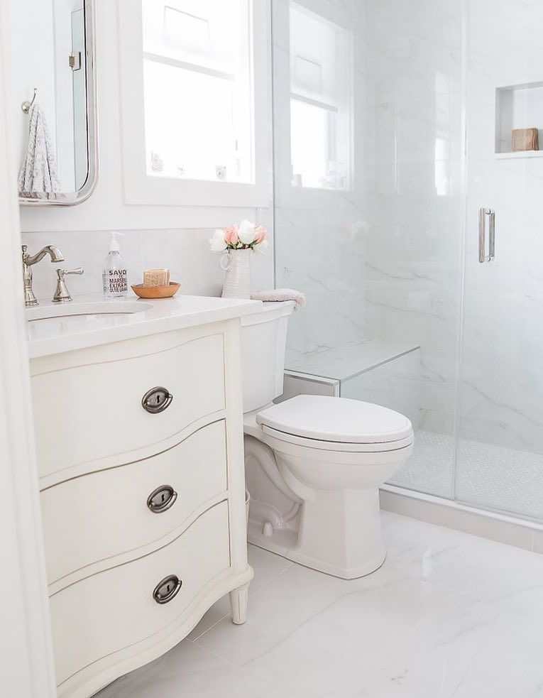 French Country Bathroom with Vintage Dresser Vanity via @somuchbetterwithage