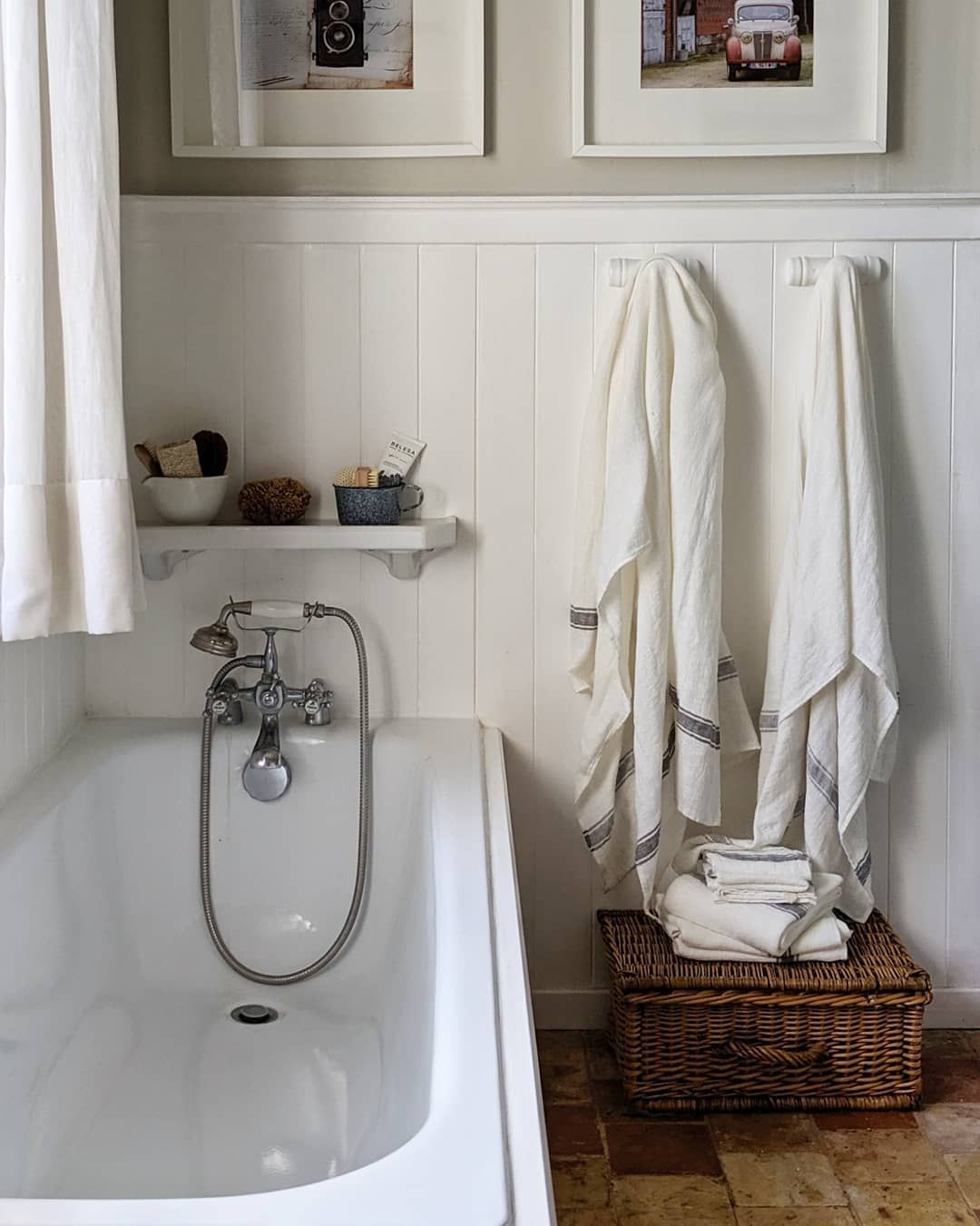 French Country Bathroom with Wainscoting wall and White Linen Bath towels via @cat_in_france