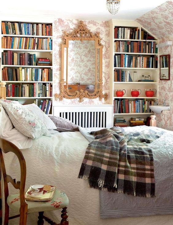 French Country Bedroom with Built-in Bookshelves