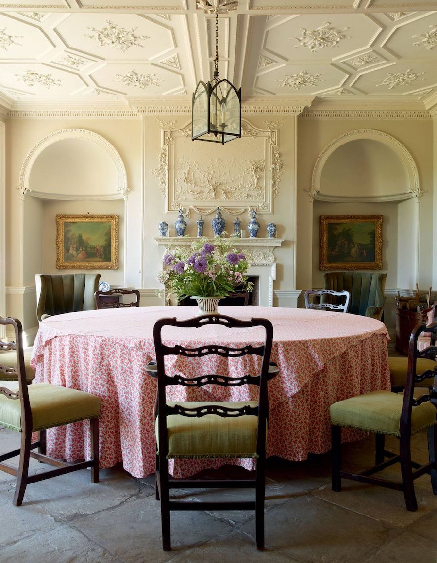 Ginger Jars on Fireplace Mantel in English Country Dining Room decor via houseandgarden UK