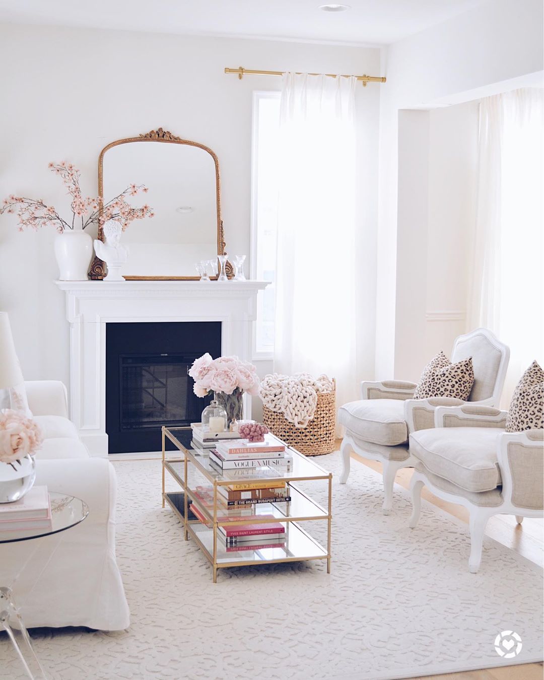 Glam Living Room with French Mirror and Antique Accent Chairs via @the.pink.dream