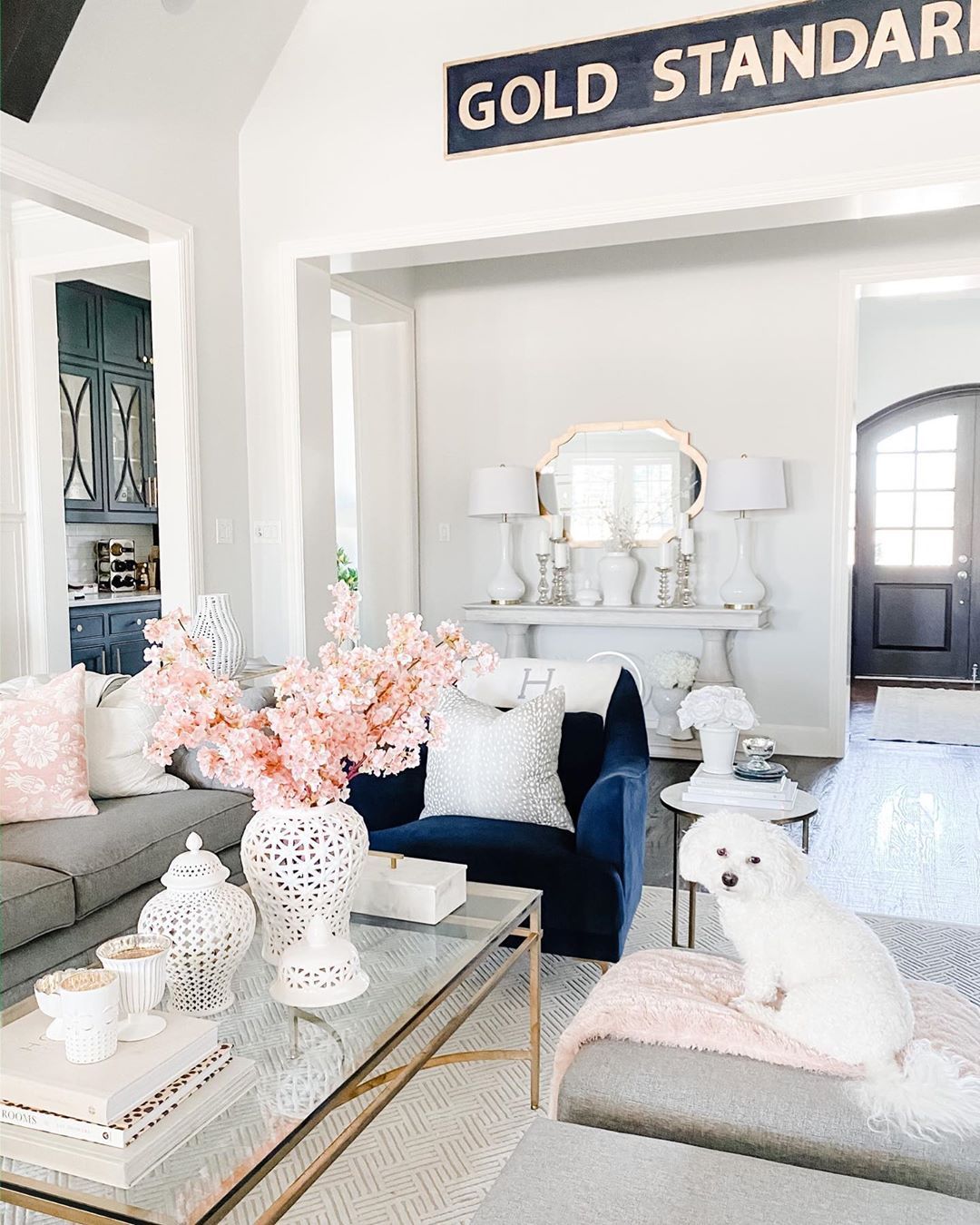 Glam Living Room with Gold Frame Glass Coffee Table via @shannongolddesign