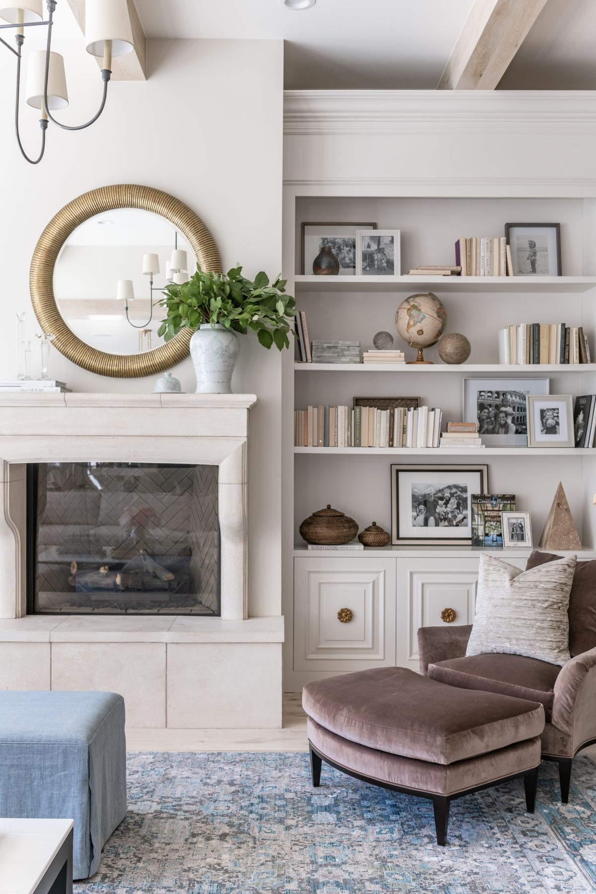 Glam Living Room with Purple Velvet Chaise Lounge via Rachel Parcell