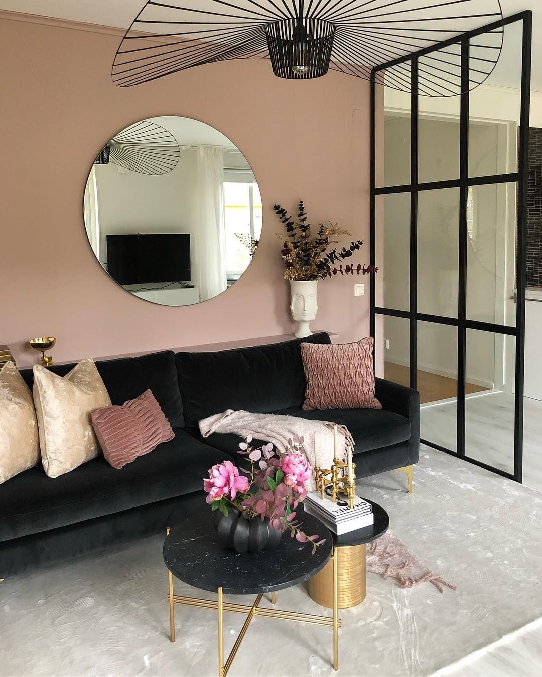 Glam Living room with Black sofa and coffee table via @interiorbyvanessa