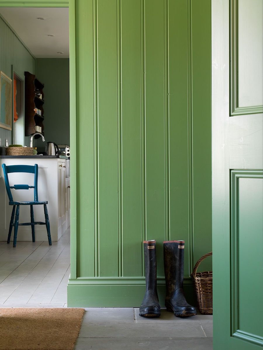 Green Wainscoting wall in English Country Mudroom Entry via Ben Pentreath