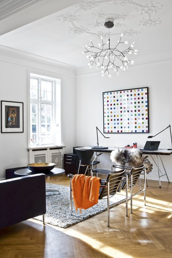 Mid-Century Modern Living Room with Black Leather Furniture