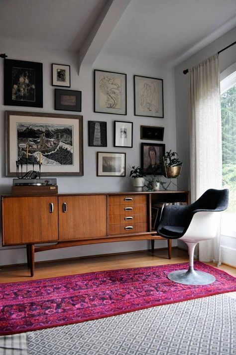 Mid-Century Modern Living Room with Brown Wood Sideboard