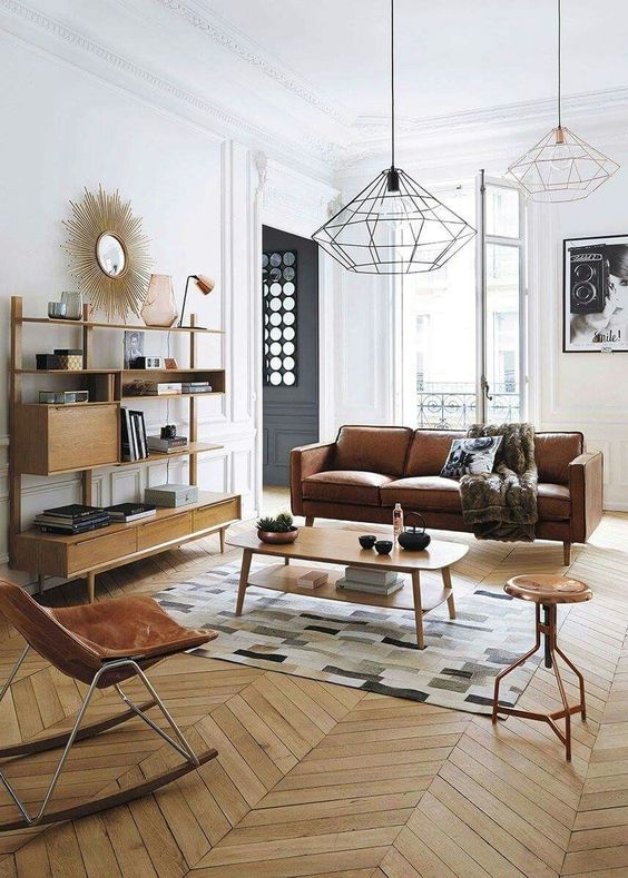 Mid-Century Modern Living Room with Diamond Cage Pendant Lights