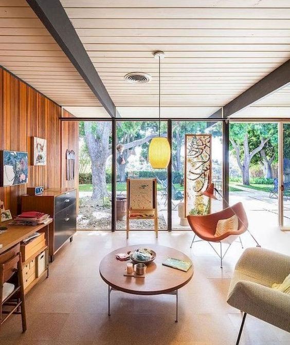 Mid-Century Modern Living Room with Glass Walls and Paneled Ceiling