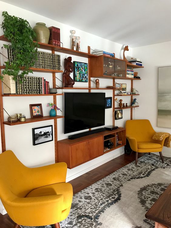 Mid-Century Modern Living Room with Mustard Yellow Accent Chairs