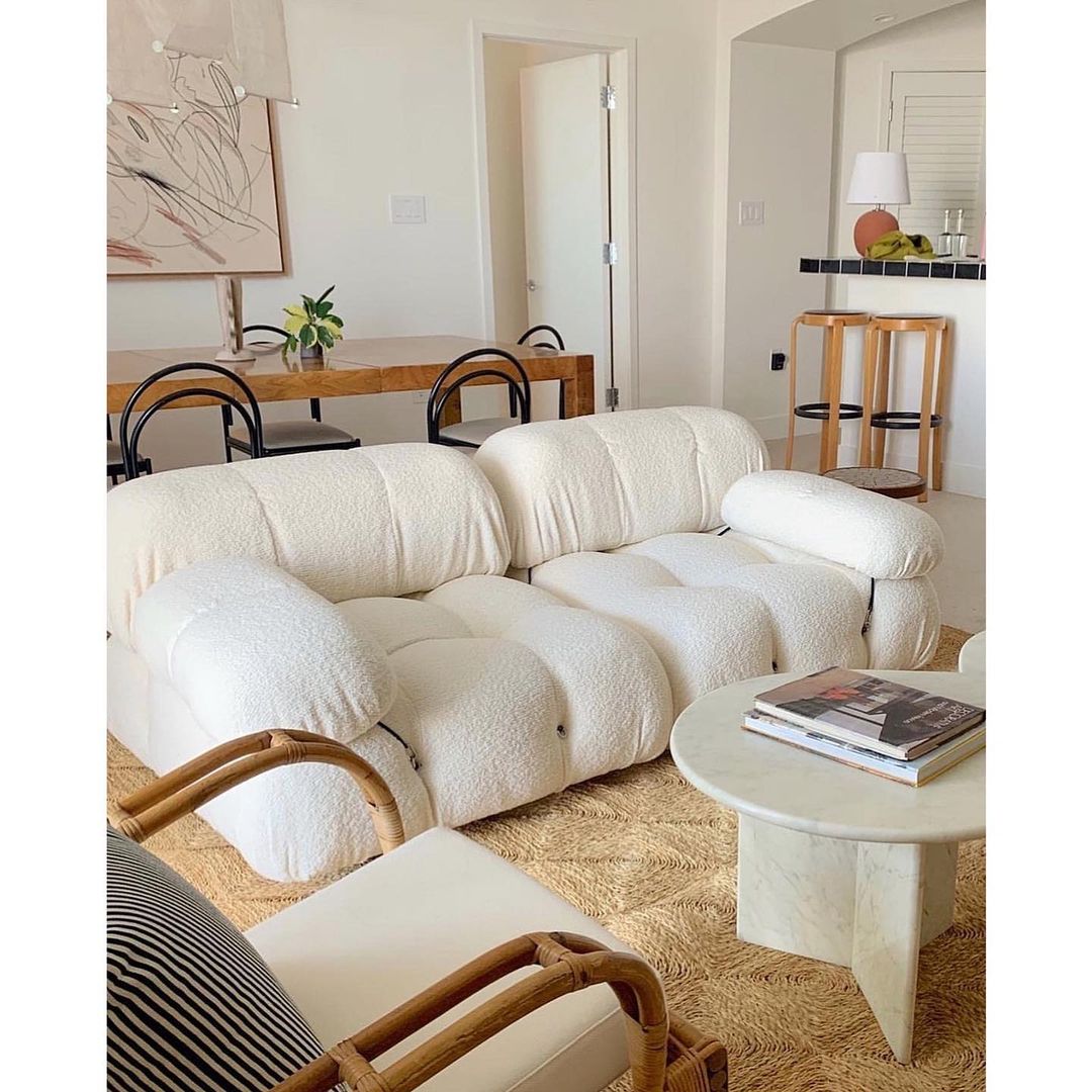 Mid-Century Modern Living Room with White Tufted Sofa via @gabriellakhalil