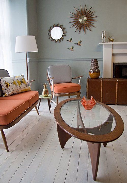 Mid-Century Modern Living Room with Wood and Glass Coffee Table