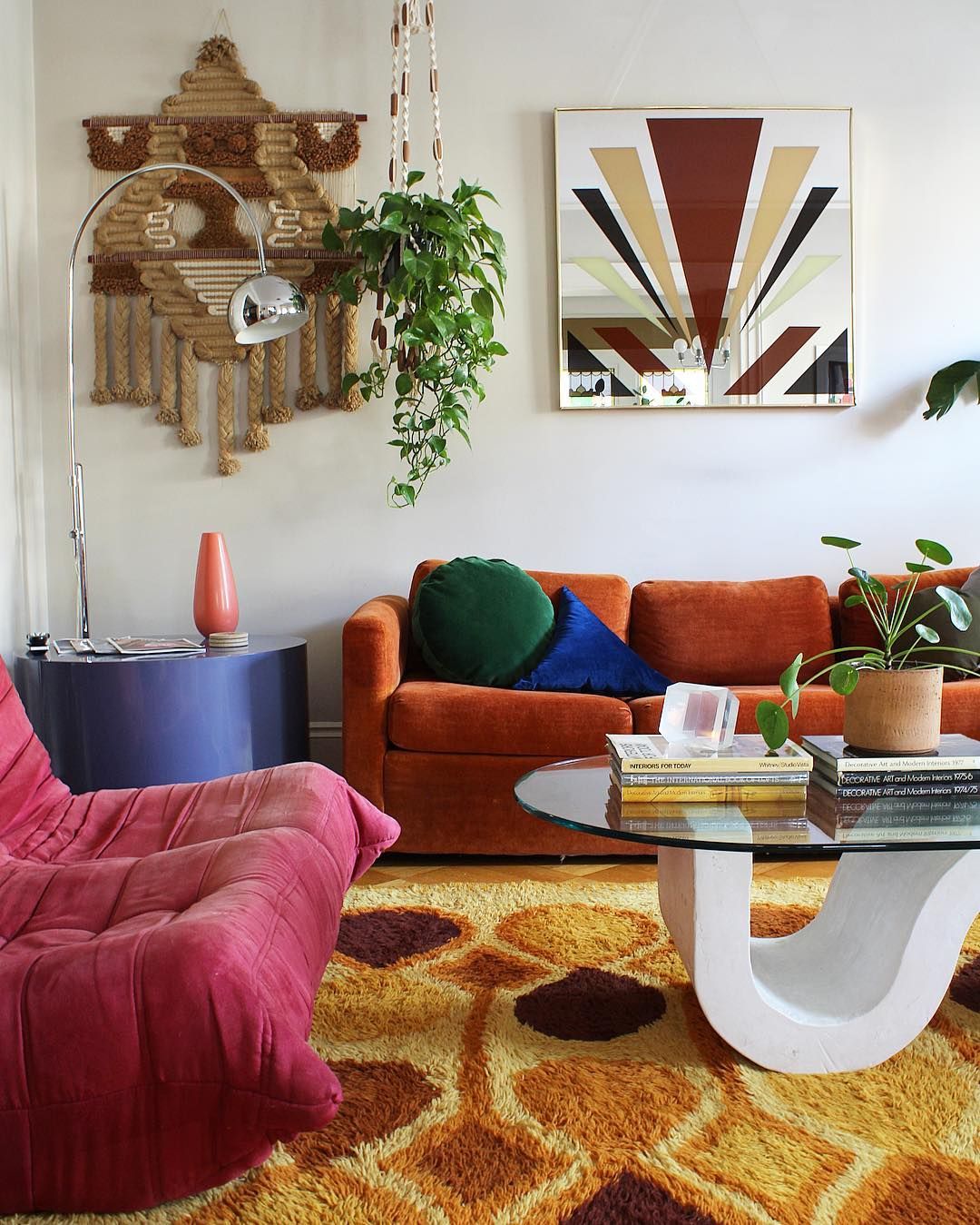 Mid-Century Modern Living Room with Yellow and Orange Shag Rug via @ball_and_claw_vintage.jpg