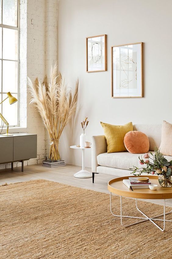 Neutral Living Room Decor with Jute Rug and Pampas Grass