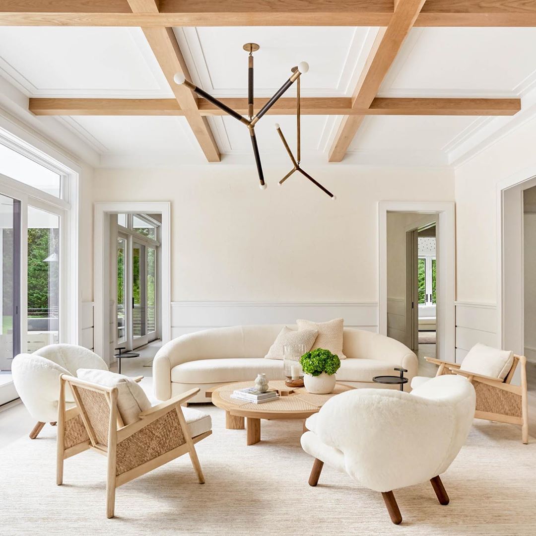 Neutral Living Room with Exposed Wood Ceiling Beams via @tamaramageldesign