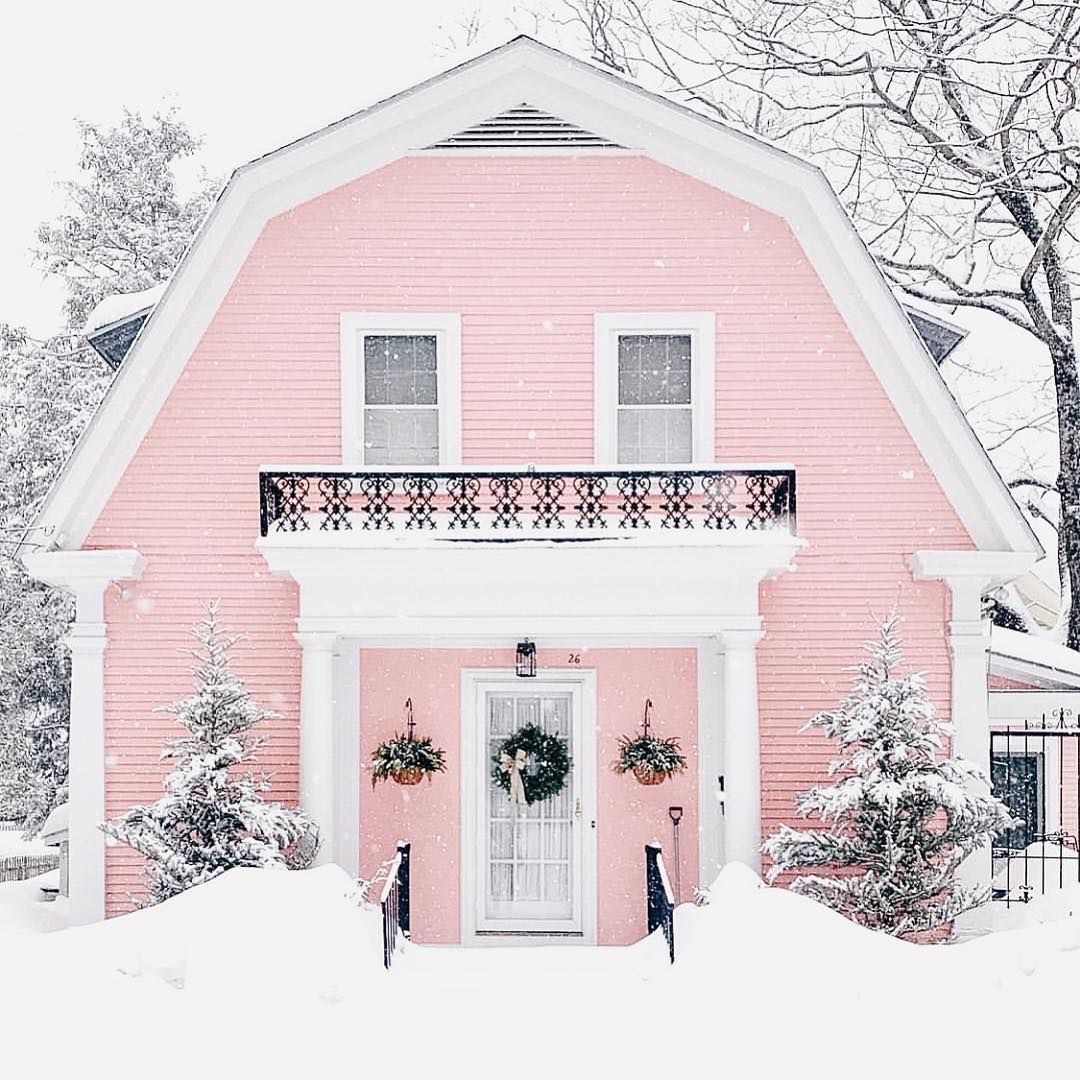 Pink Cottage House with Snow via @sarah_stimpson