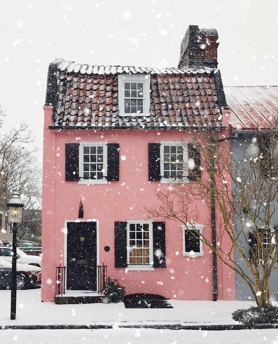 Pink House with Snow