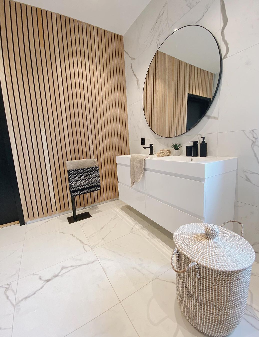 Scandinavian Bathroom with Marble flooring and Wood Panel walls via @ingermgrams