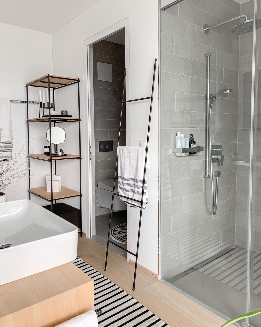 Scandinavian Bathroom with Metal Leaning Towel Ladder via @oh.boheme
