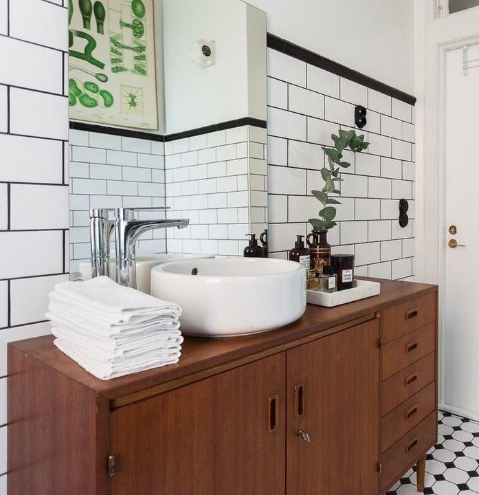 Scandinavian Bathroom with Mid Century Wood Vanity and White Tile with Black Grout @alexanderwhitesthlm