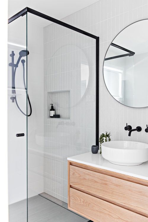 Scandinavian Bathroom with Round Bathroom Vanity Mirror via TheStables.AU