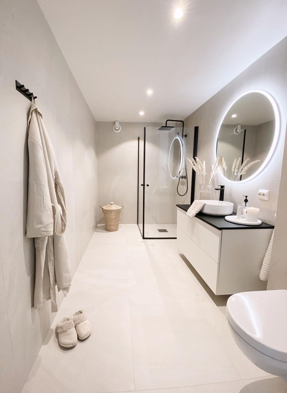Scandinavian Bathroom with White Vessel Sink and Beige Bath Robe via @casa_pedersen