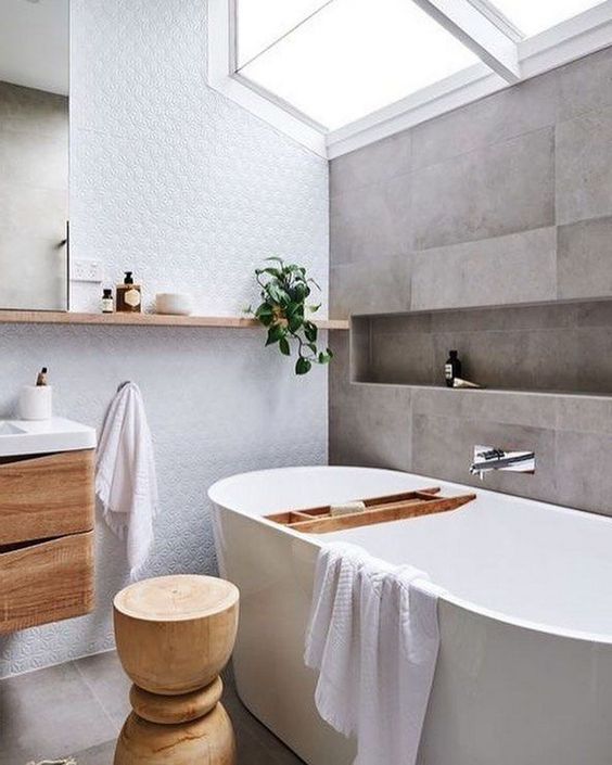 Scandinavian Bathroom with a Natural Wood Garden Stool and Recessed Wall Shelf