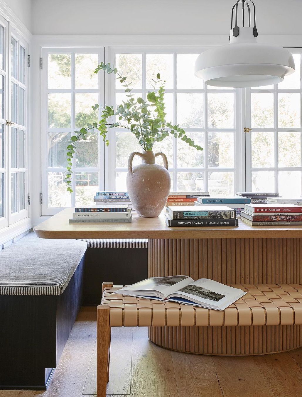 Woven leather dining room bench via @ninafreudenberger