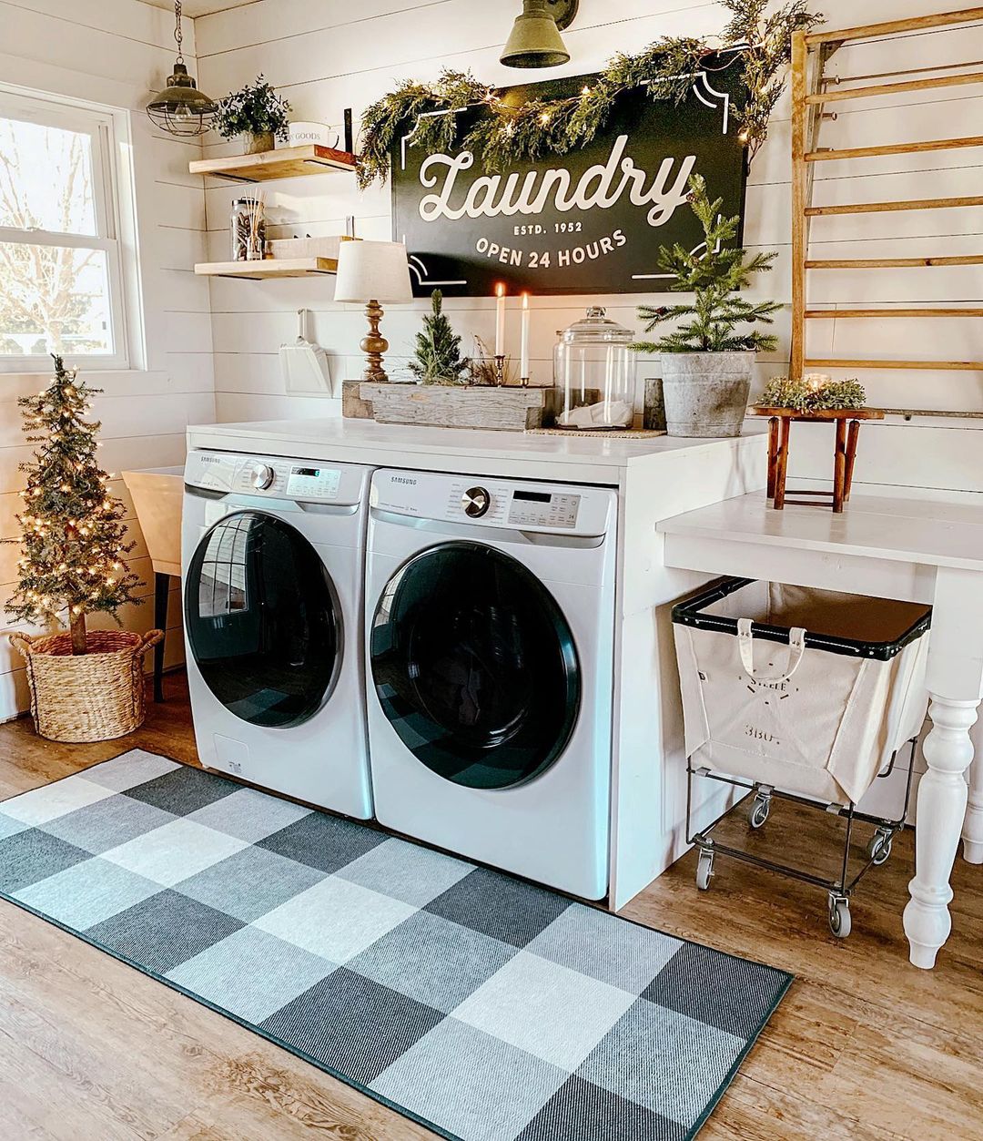 Christmas Laundry Room with Buffalo Check Rug via @our_forever_farmhouse