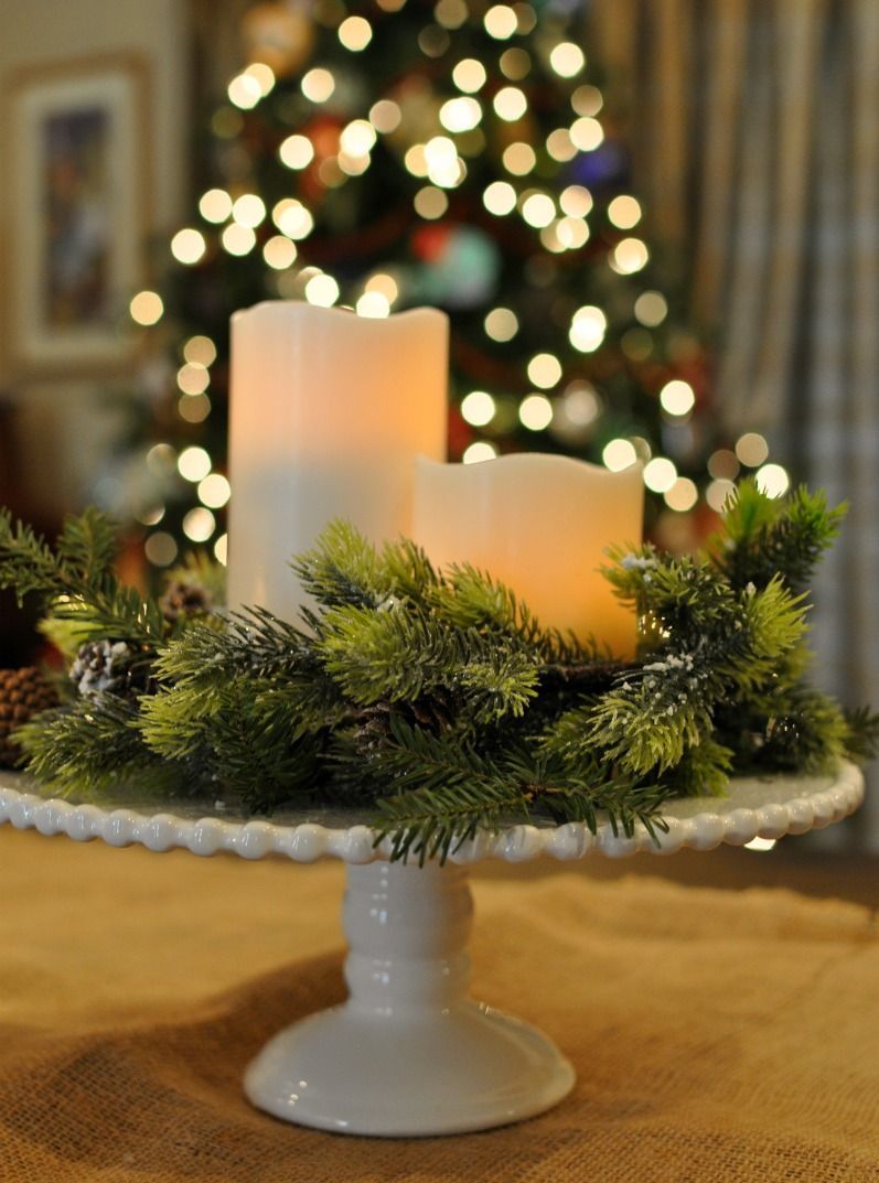 DIY Christmas Table Cake Plate with Candles Centerpiece via kristenhewitt
