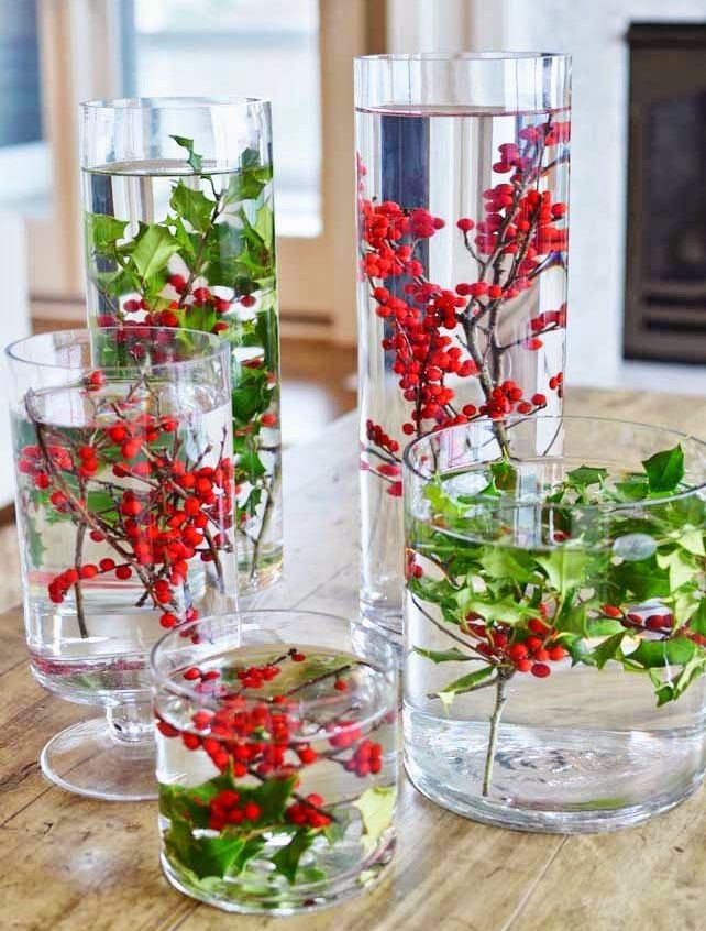 DIY Holly Water Glass Christmas Centerpiece via 33shadesofgreen