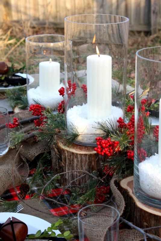 DIY Outdoor Christmas Cedar Stump Candleholder Centerpiece via sweetsomethingdesign