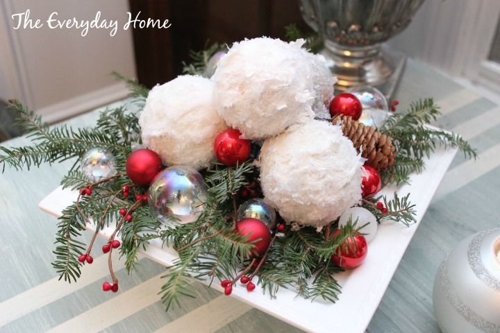 DIY Snowball Ornament Christmas Centerpiece via everydayhomeblog