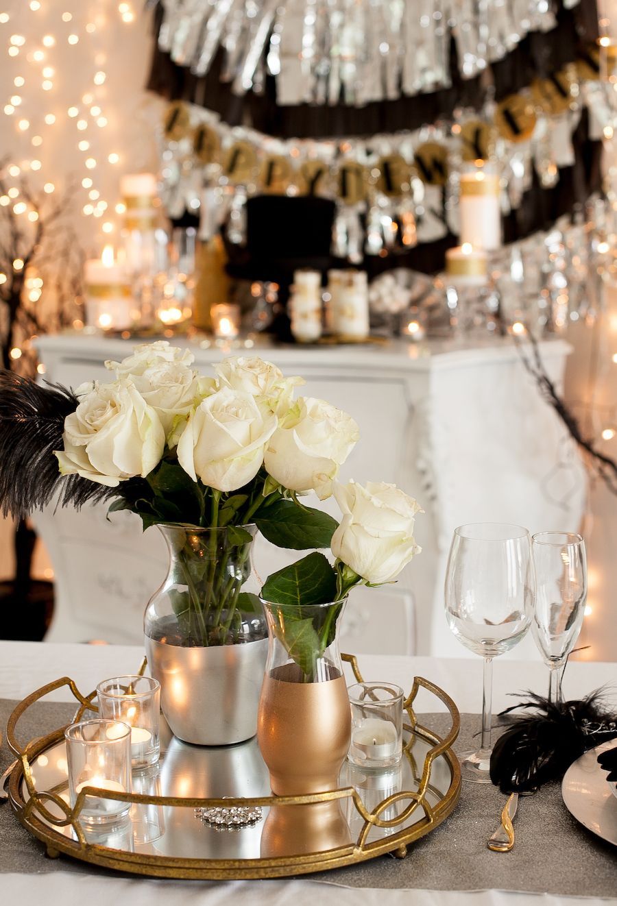 New Year's Eve decor with Gold Serving Trays via frogprincepaperie