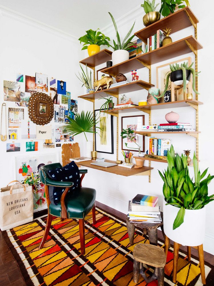 African area rug and Green leather office chair in Bohemian Office via Dabito and Domino