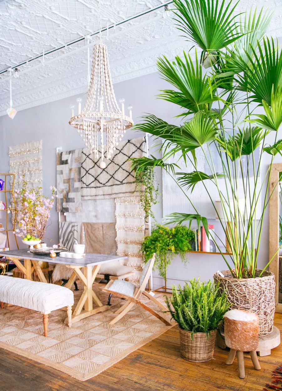 Beaded Chandelier in Boho Tropical Dining Room via Calypso