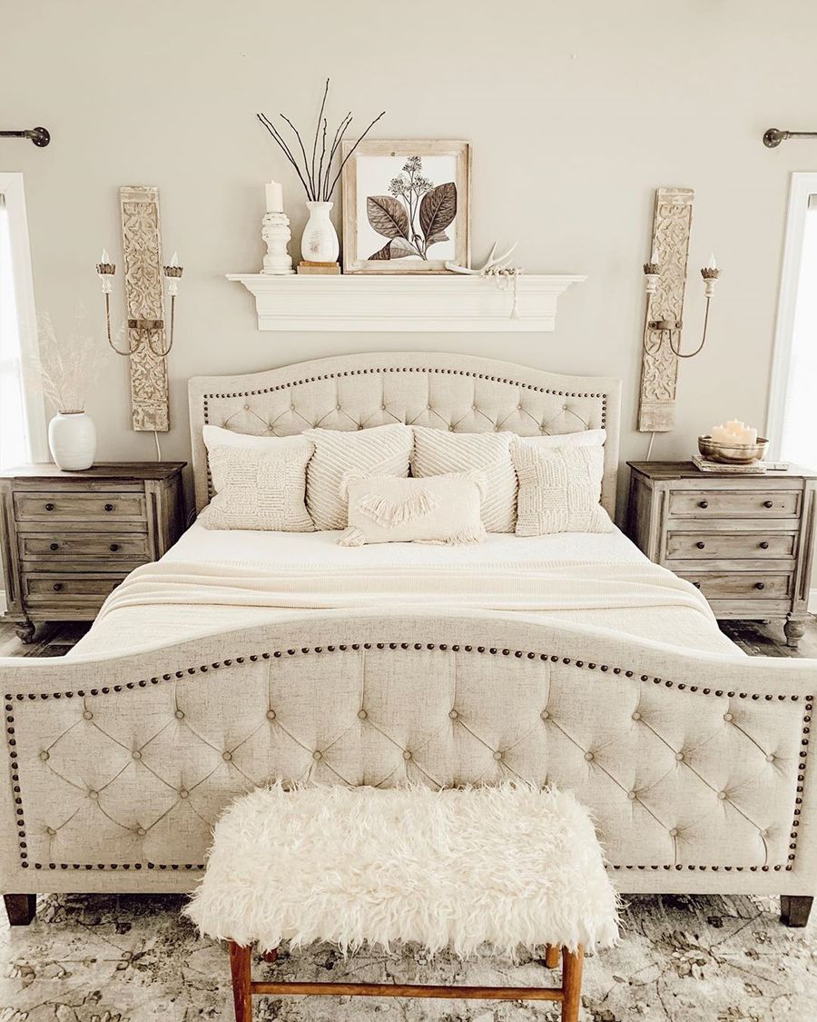Beige Tufted Bed Frame in Farmhouse Bedroom with Tufted Bed via @mybluegahome