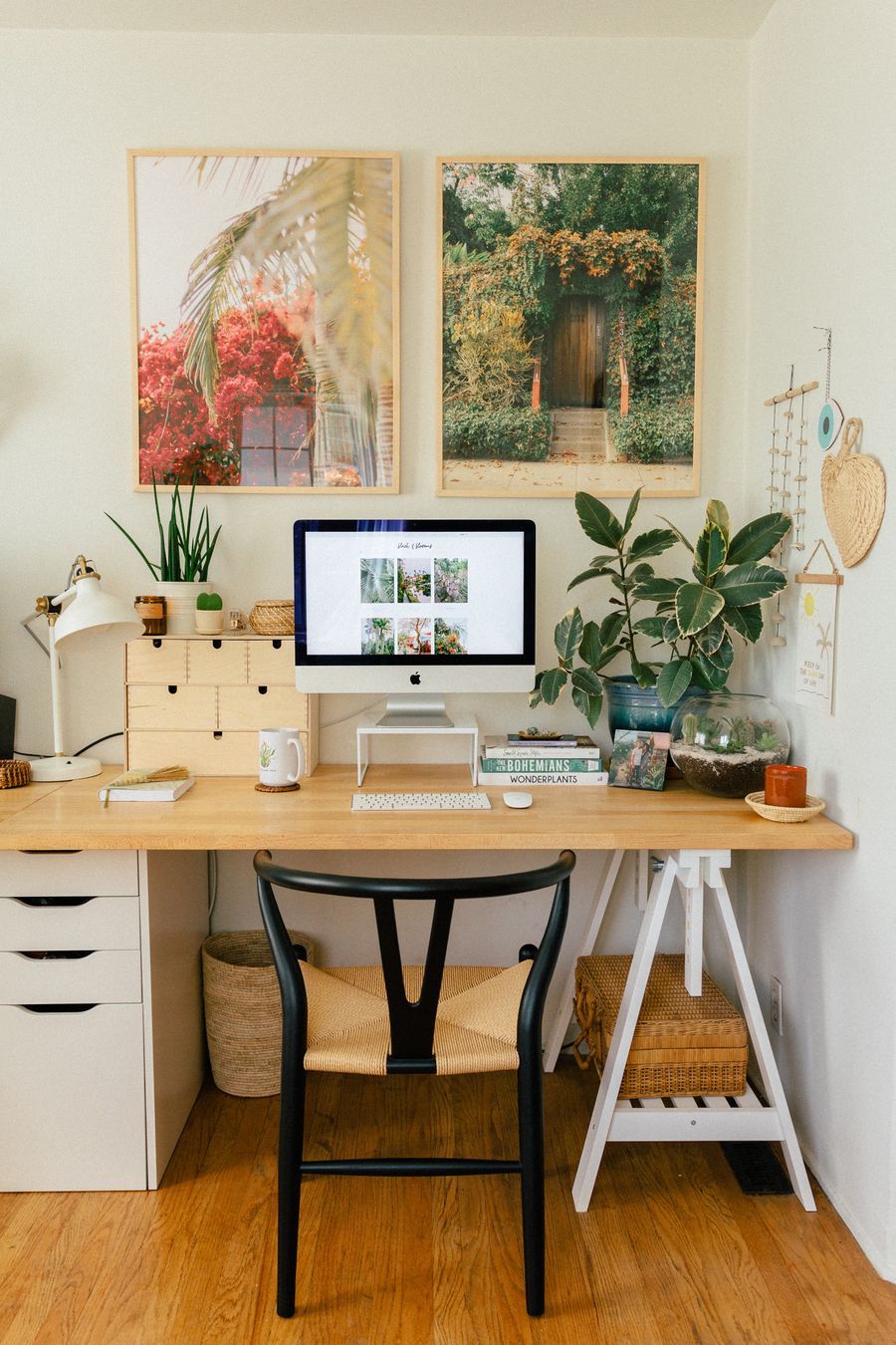 Black Wishbone Chair in Bohemian Office Decor via Black and Blooms