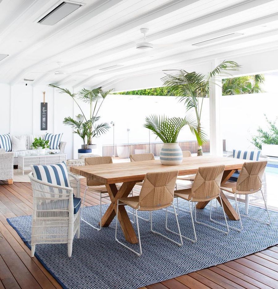 Blue Area Rug in Tropical Dining Room with blue rug @donna_guyler_design