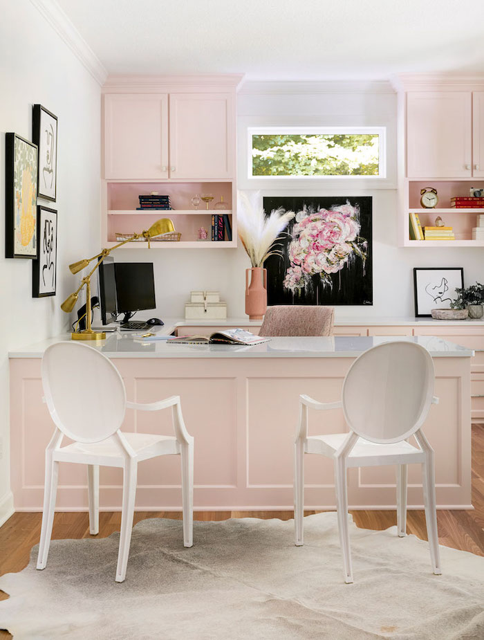 Boho Feminine Office Space with Built-in Desks and Bookshelves via OHara Interiors