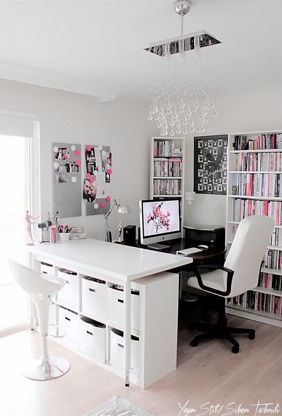 Bookshelves in a Feminine Office at Home via Sihem Tachouli