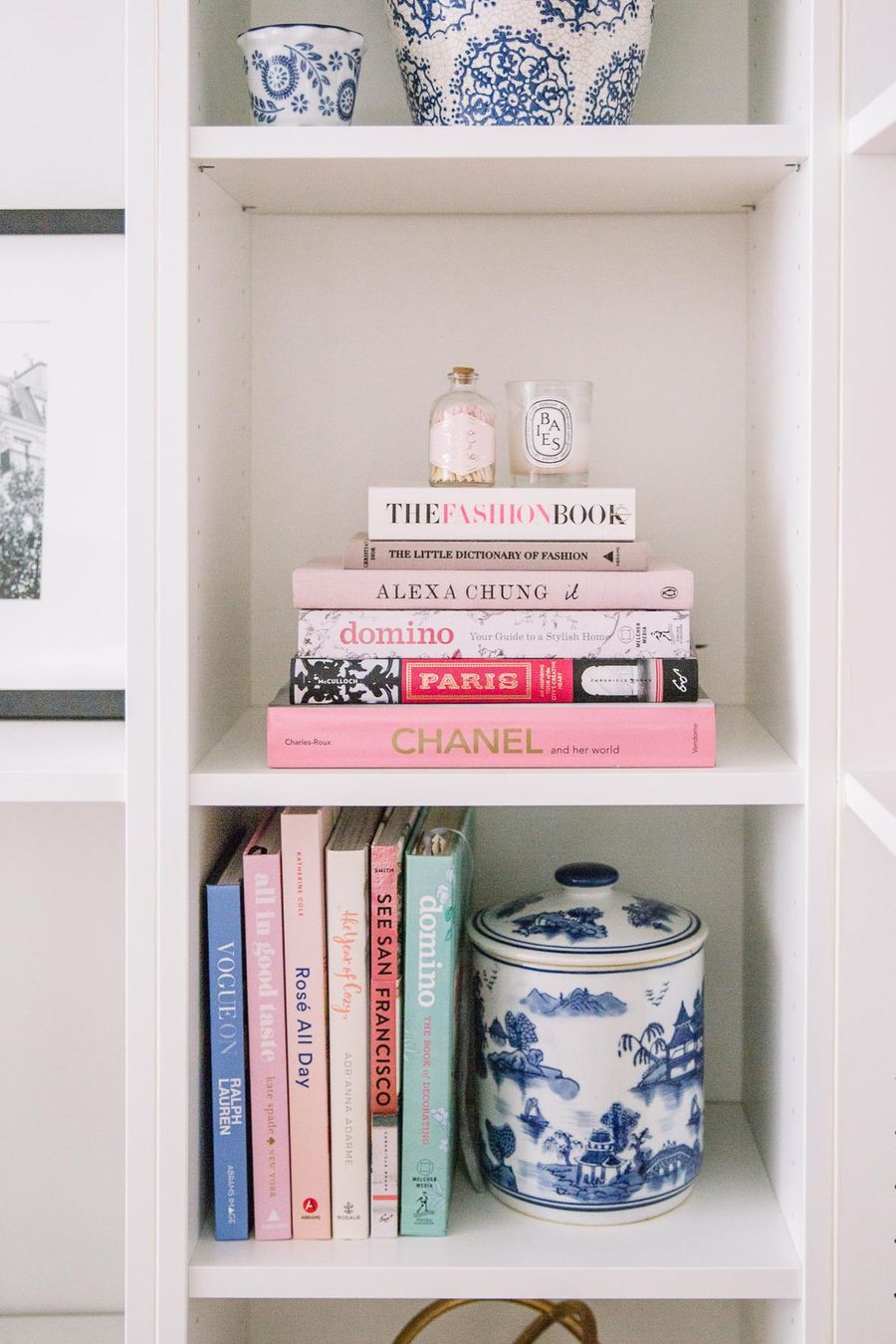 Bookshelves with Books and Ginger Jars Decor via Lattes + Lavender