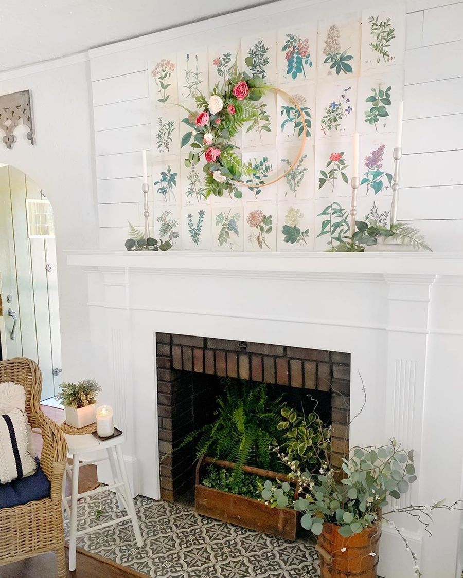Botanical Wall art and Floral Wreath for Spring Mantel Home Decor via @farmhouse_on_chestnut